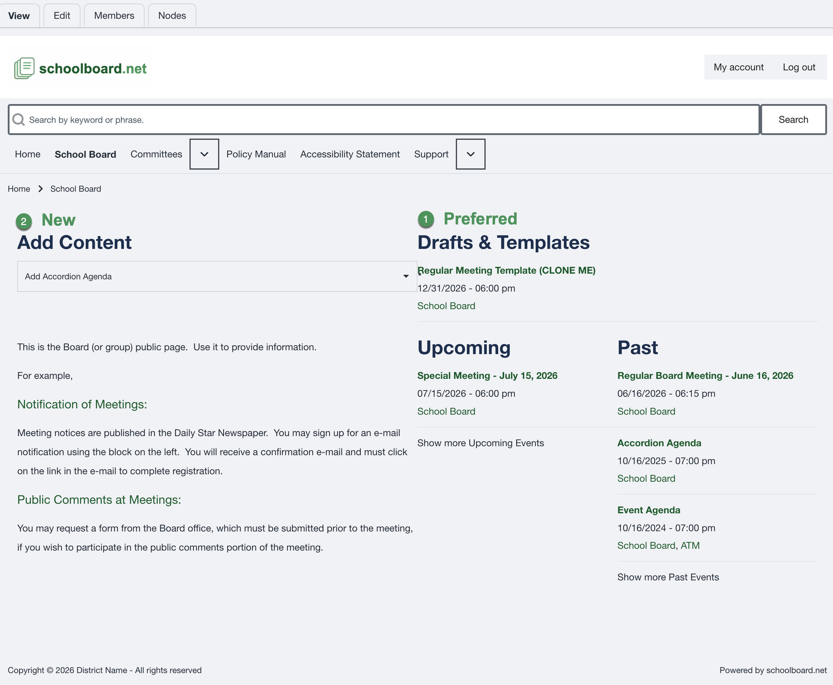 Group home page showing the preferred Drafts & Templates method and the alternative Add Content method.