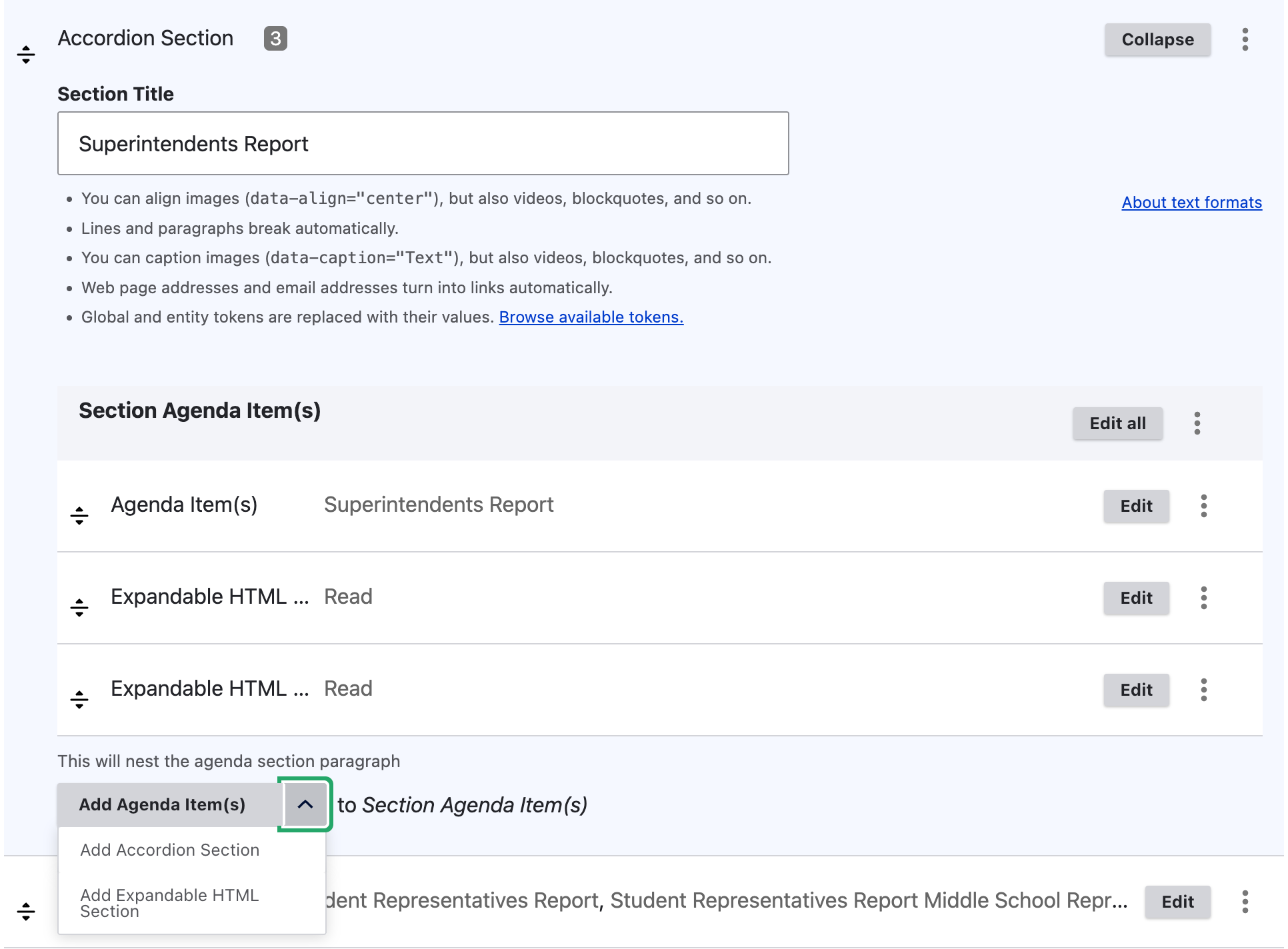 Accordion Section editor showing nested Agenda Items and the Add menu.