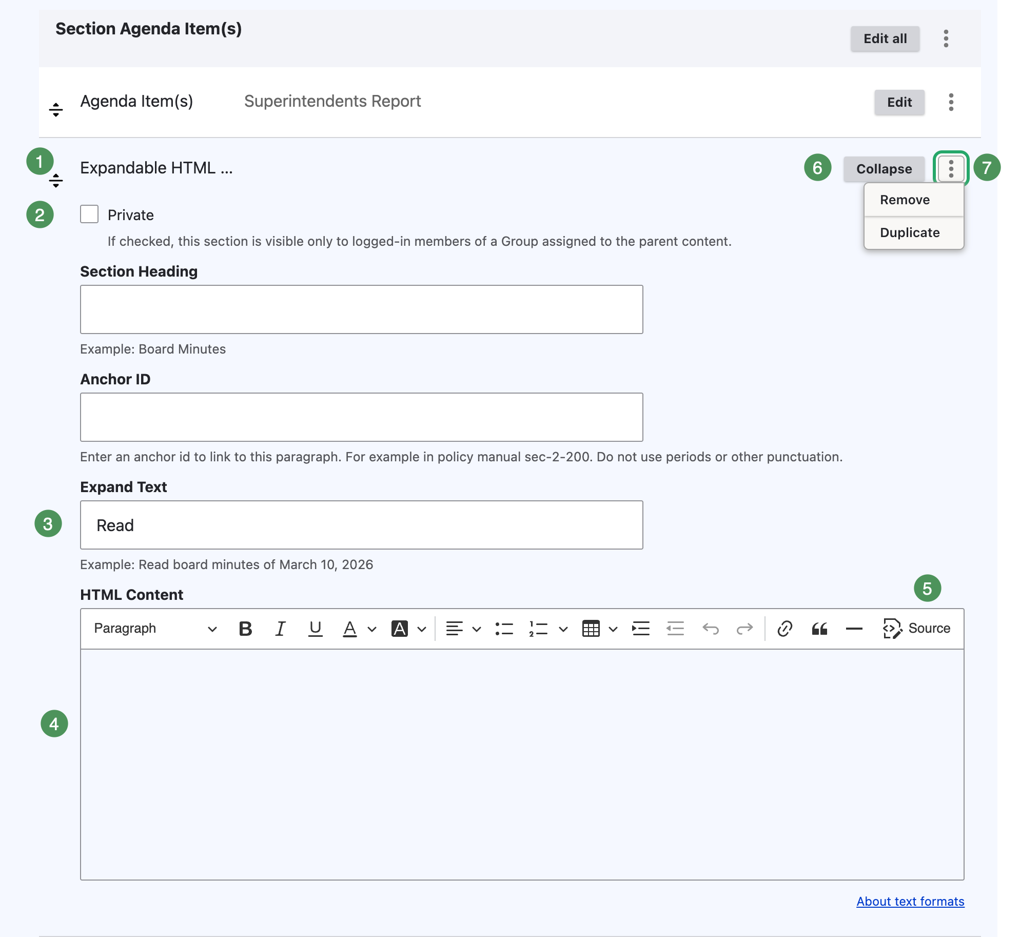 Expandable HTML editor with numbered controls.