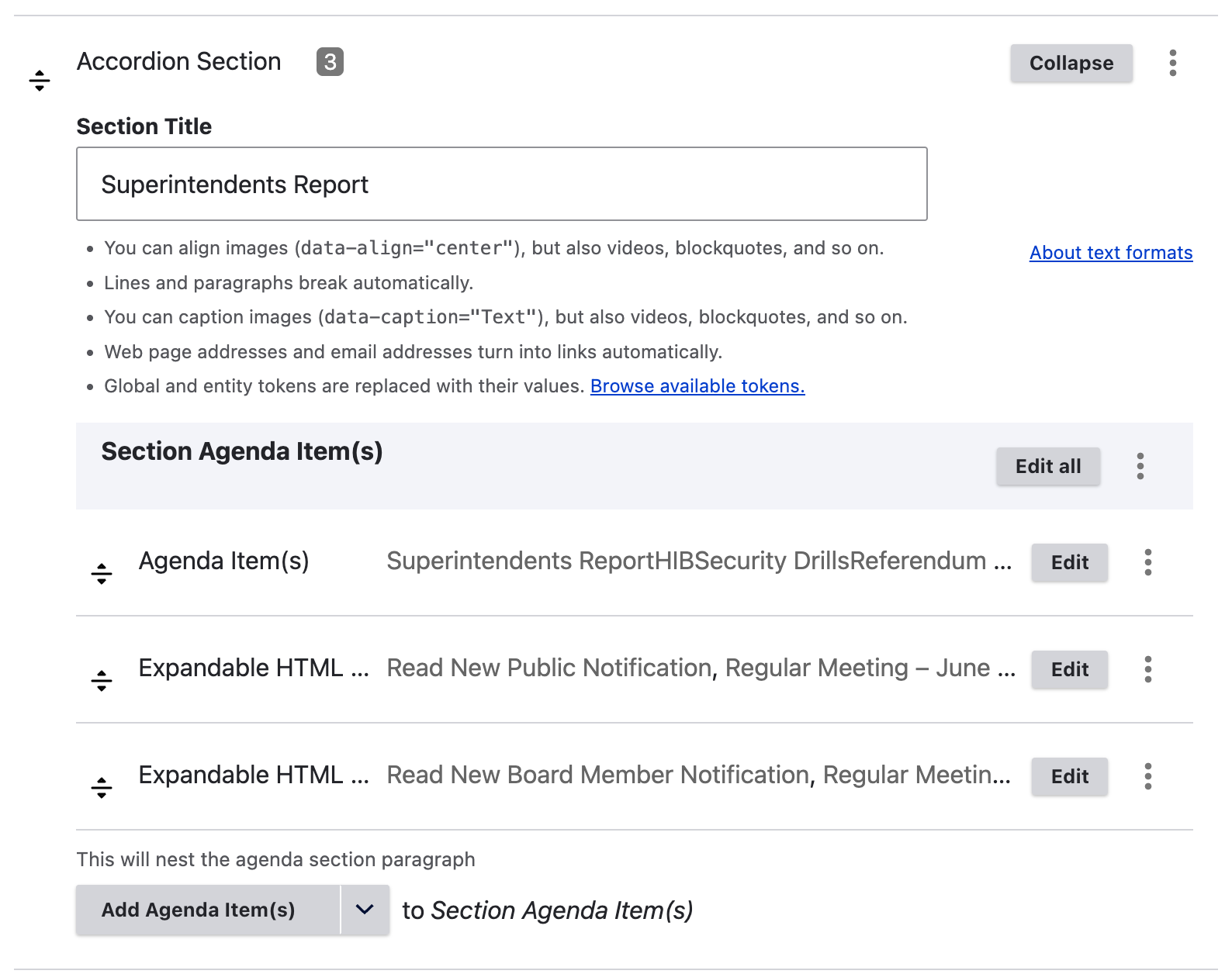 Saved Accordion Section displayed in the agenda.