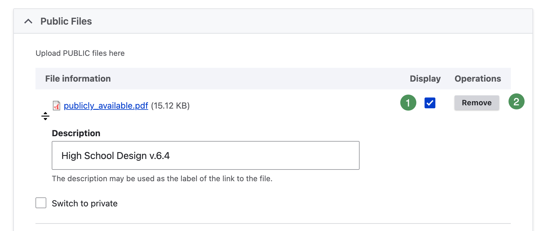 Existing public attachment with Display and Remove controls.