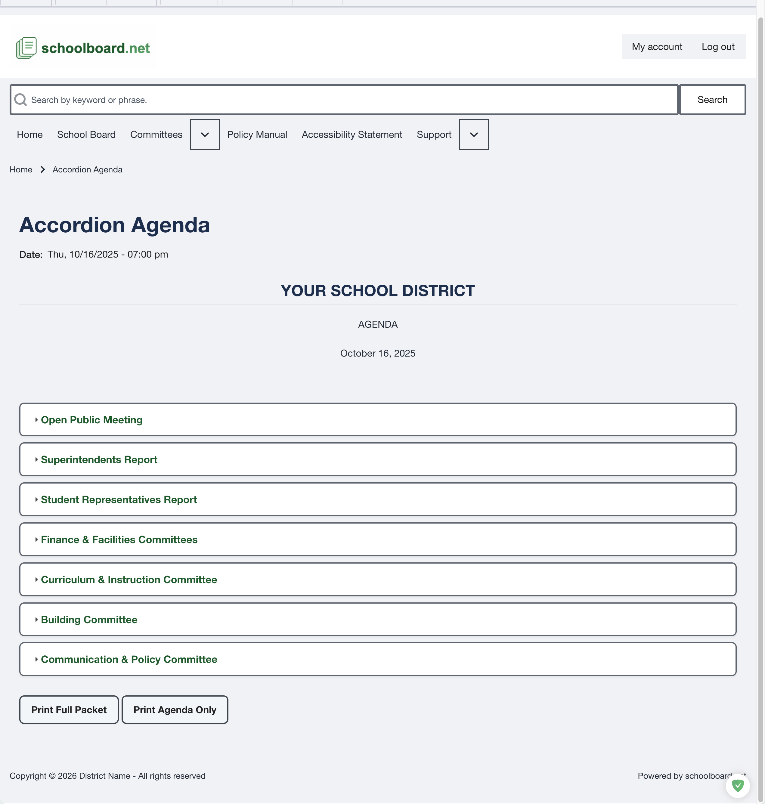 Published Accordion Agenda with collapsible sections and print controls.