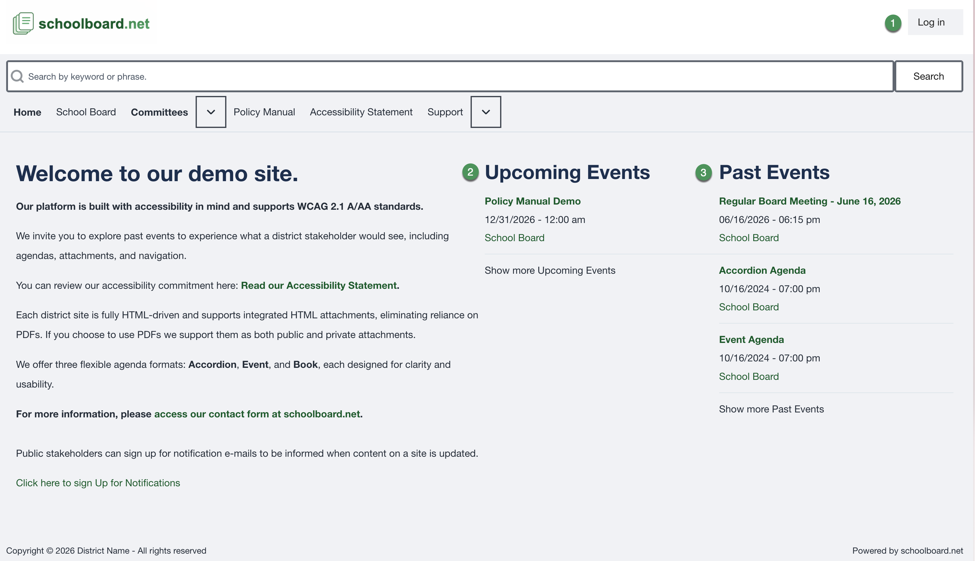 District home page showing Log in, search, navigation, and Upcoming and Past Events lists.