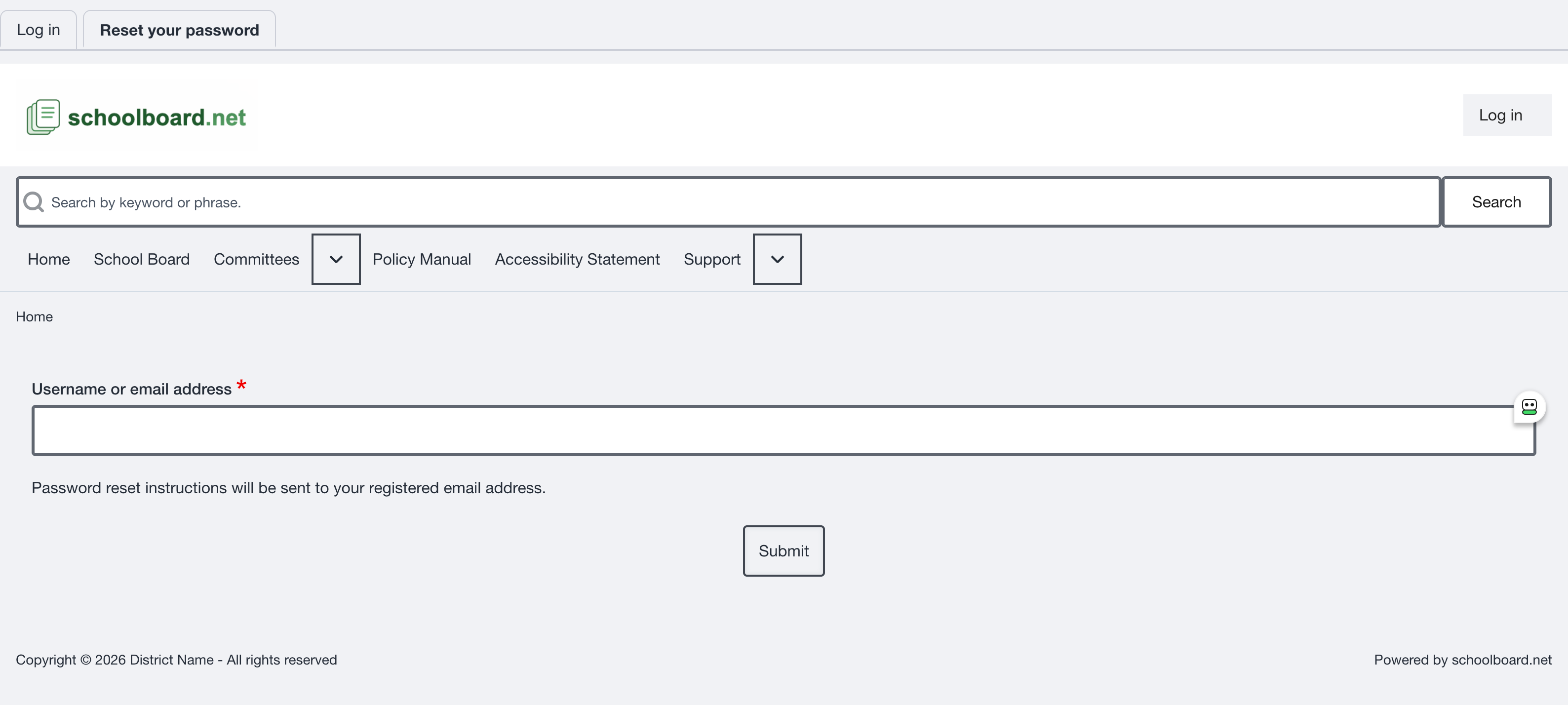 Password reset form requesting a username or email address.