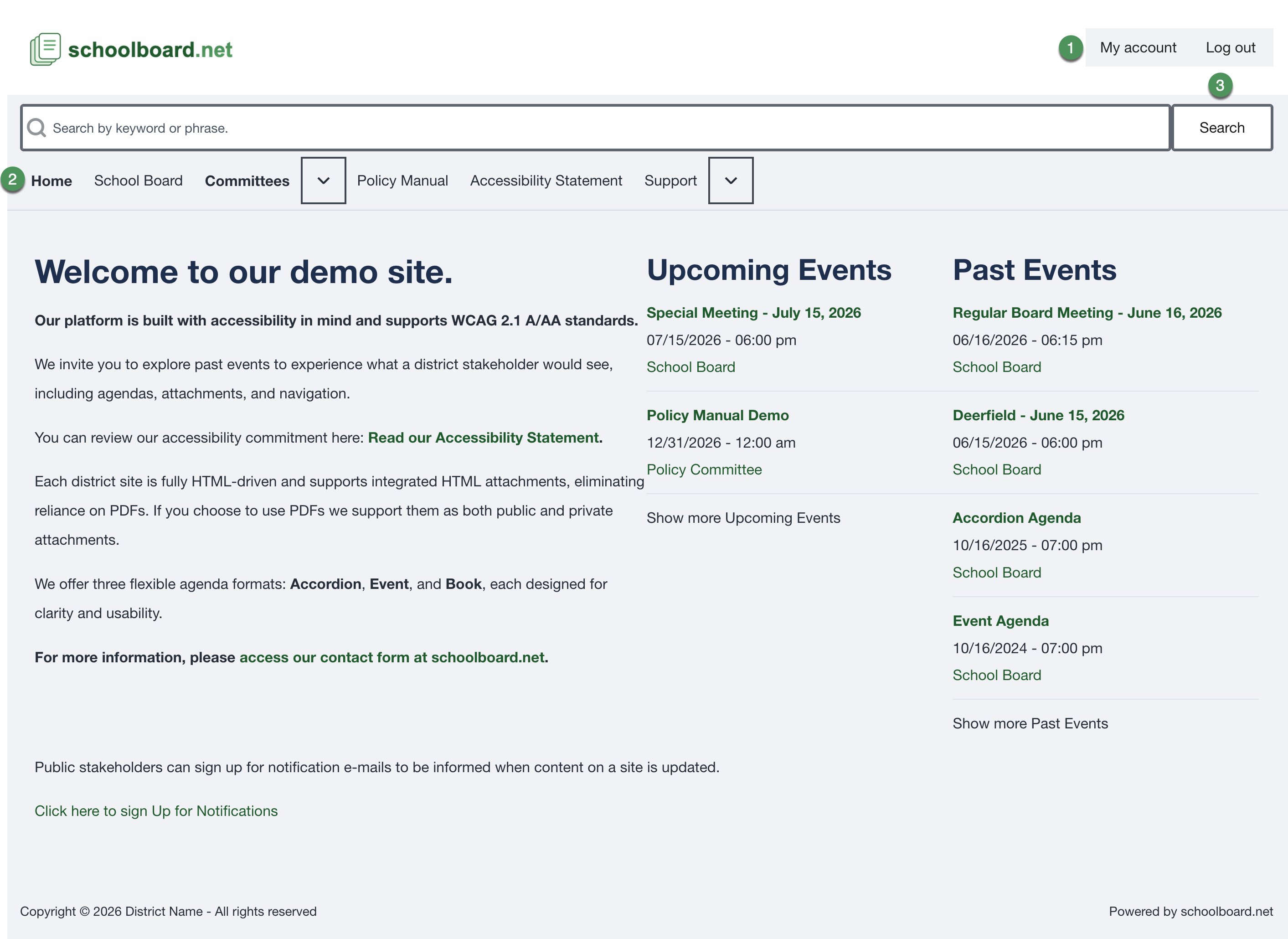 Logged-in district header with account, navigation, and search controls identified by numbered callouts.