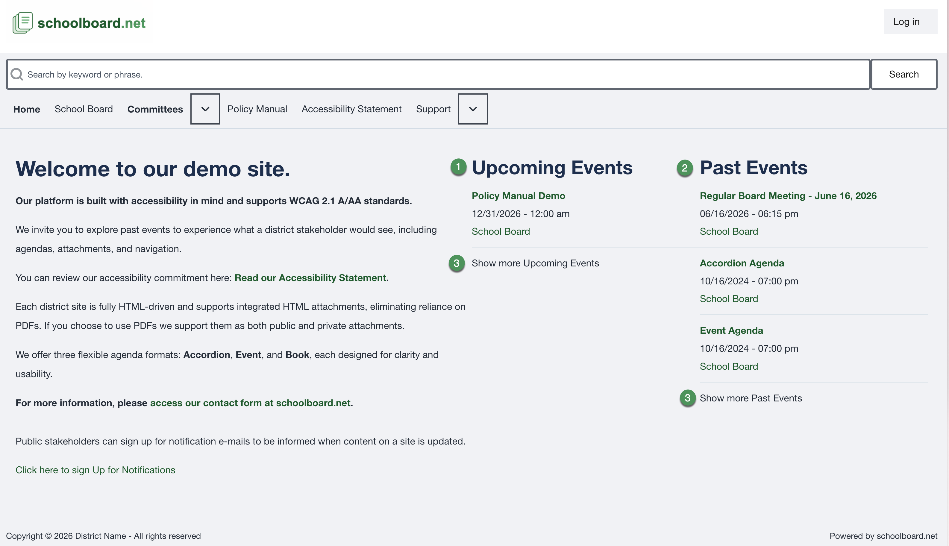 Upcoming Events and Past Events lists on the district home page.