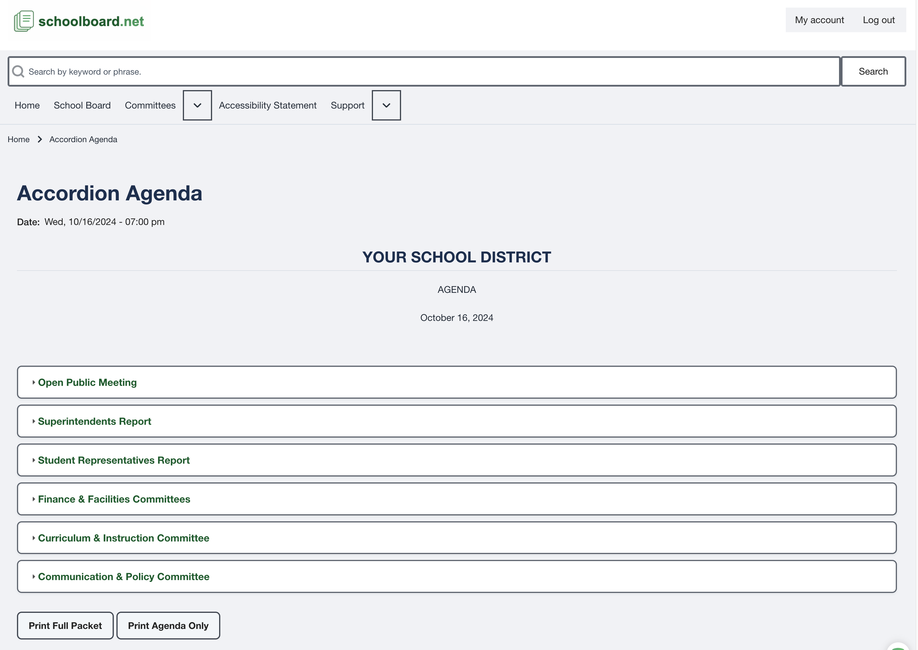 Accordion Agenda header showing meeting identity, agenda sections, and print controls.