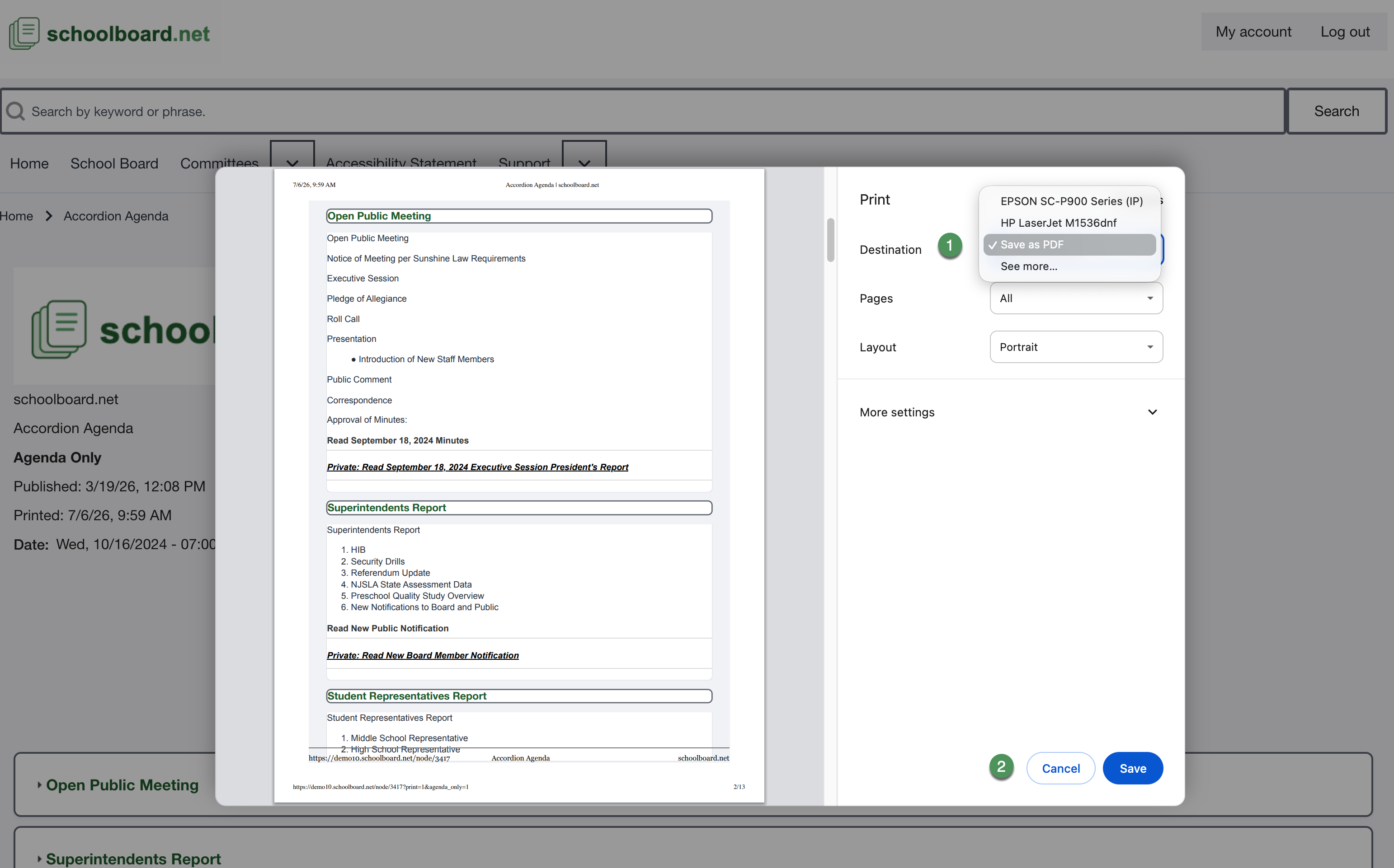 Browser print preview of a Board meeting agenda with the destination set to Save to PDF.