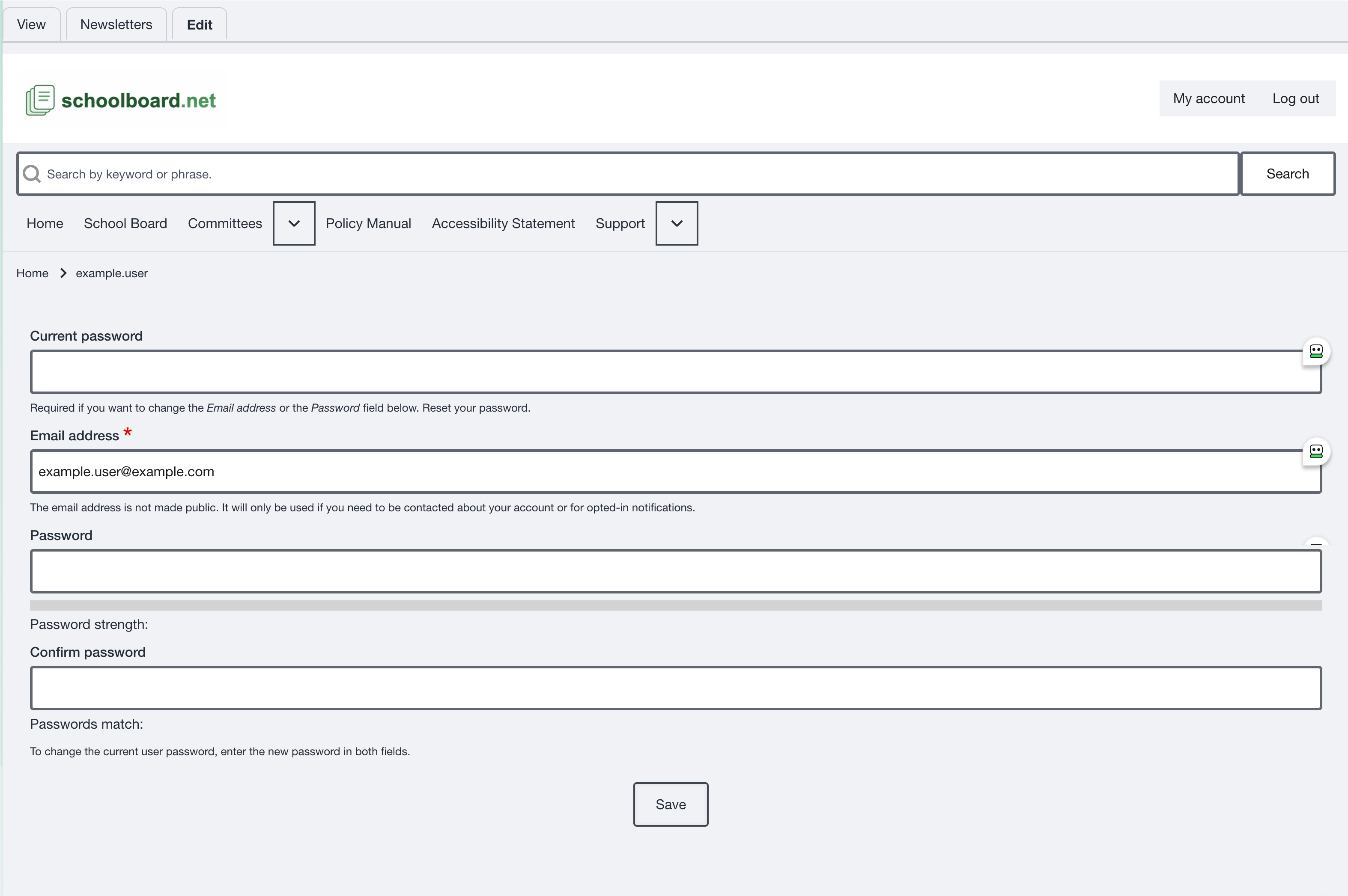 Edit account page with current password, email address, new password, confirmation, and Save controls.