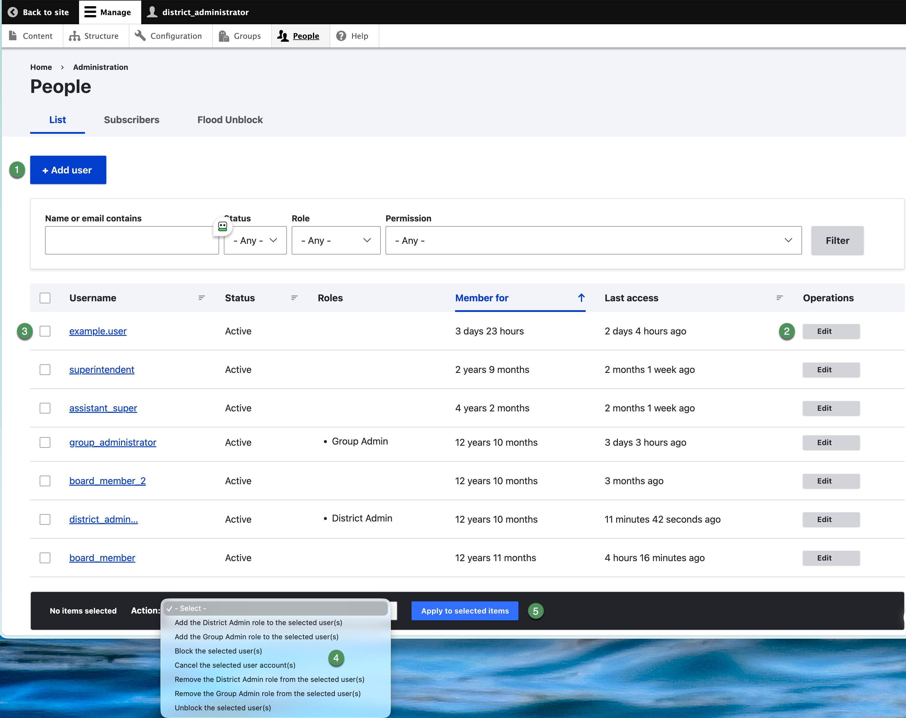 People page with Add user, filters, account list, Edit operations, and bulk-action menu identified.