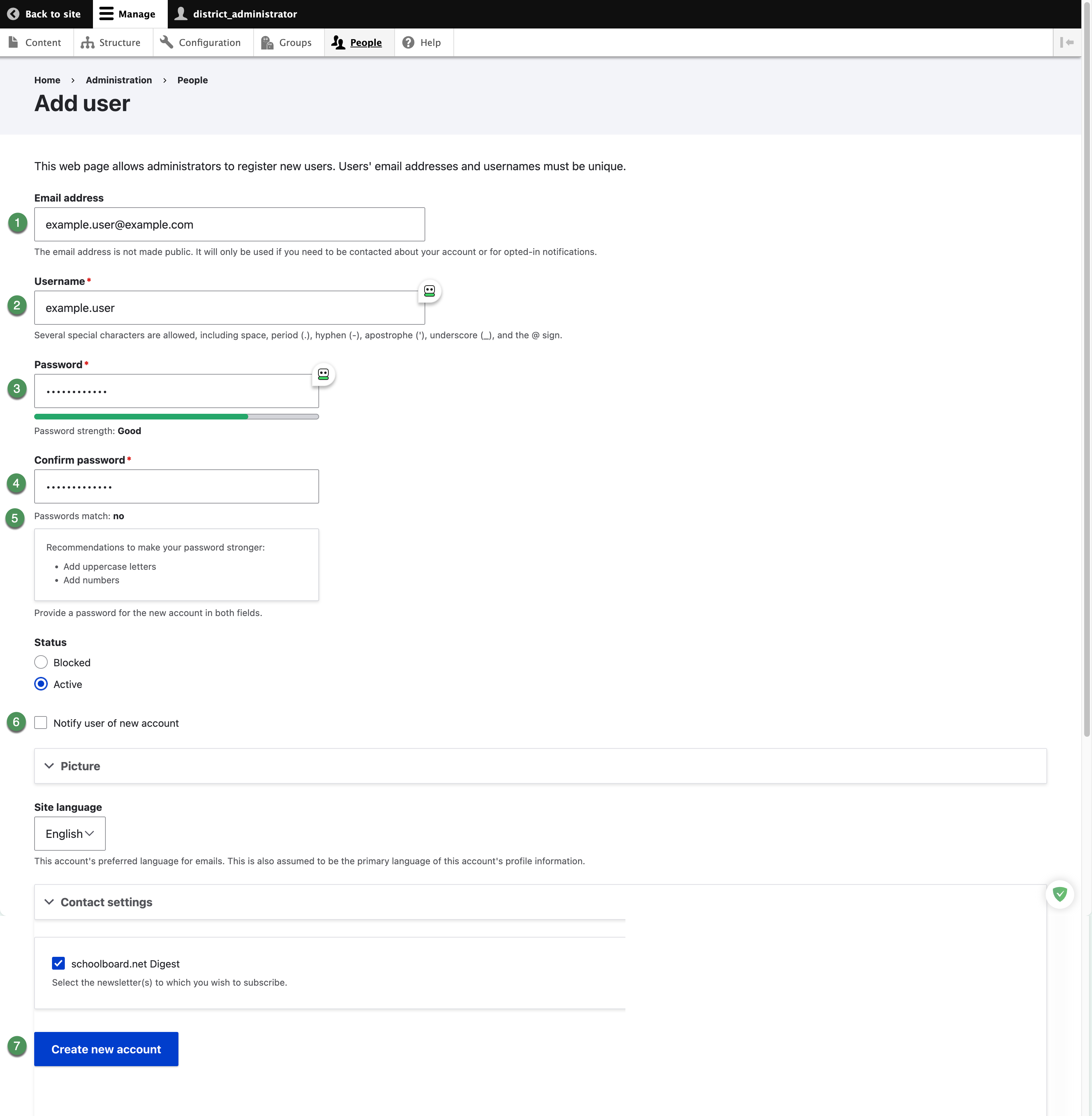 Add user form with email, username, password, confirmation, status, notification, optional settings, and Create new account controls identified.