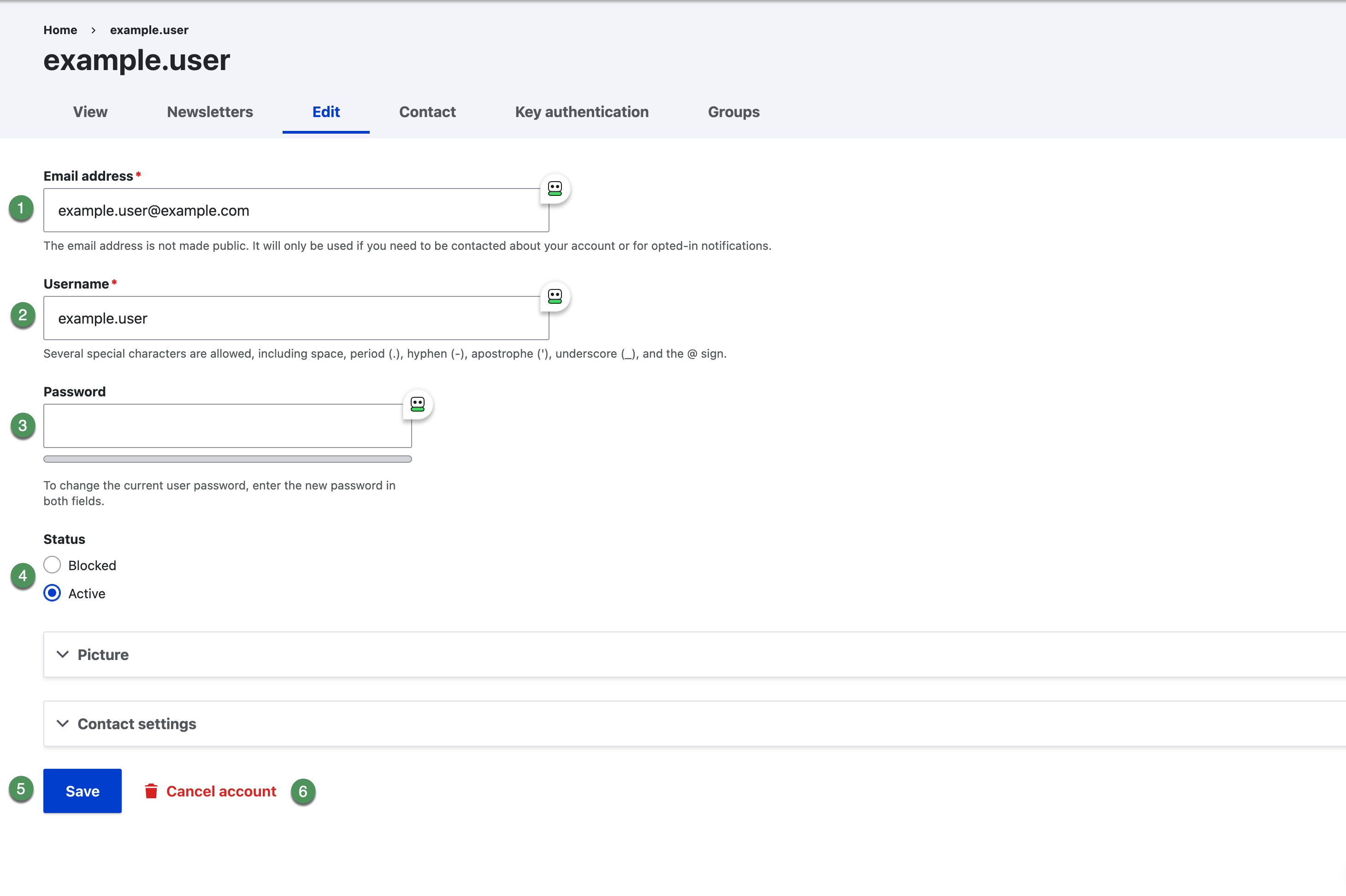 Edit user page with email, username, password, status, Save, and Cancel account controls identified.