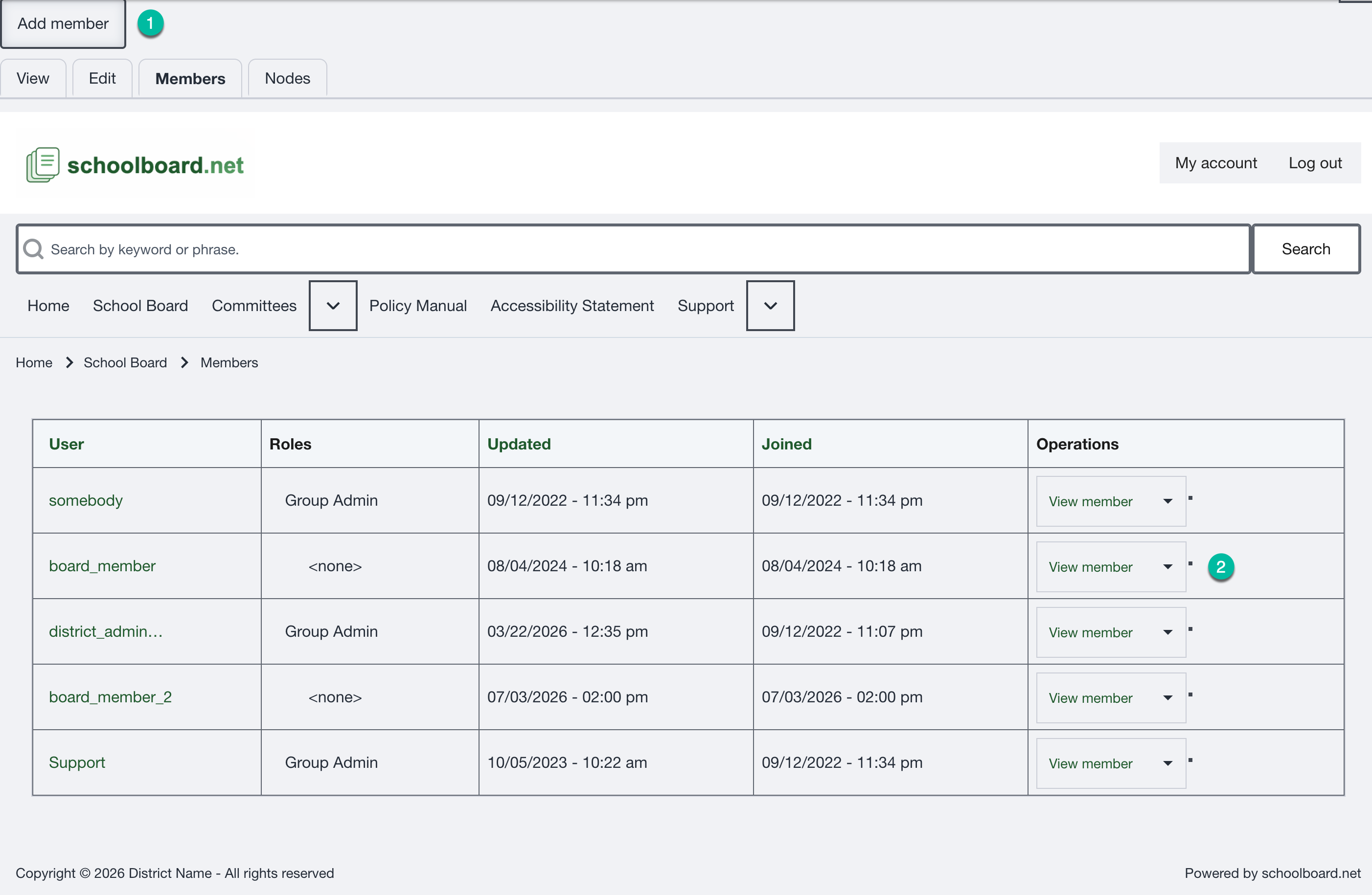 School Board Members tab showing users, membership roles, dates, and View member operations.