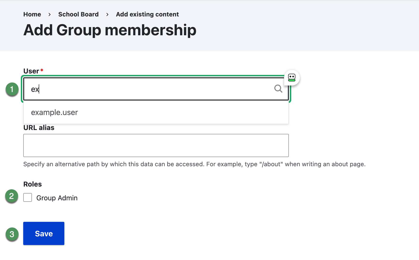 Add Group membership form with User autocomplete, URL alias, Group Admin role, and Save identified.