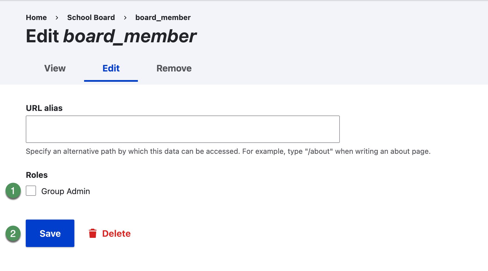 Edit group membership page with Group Admin role and Save controls identified.