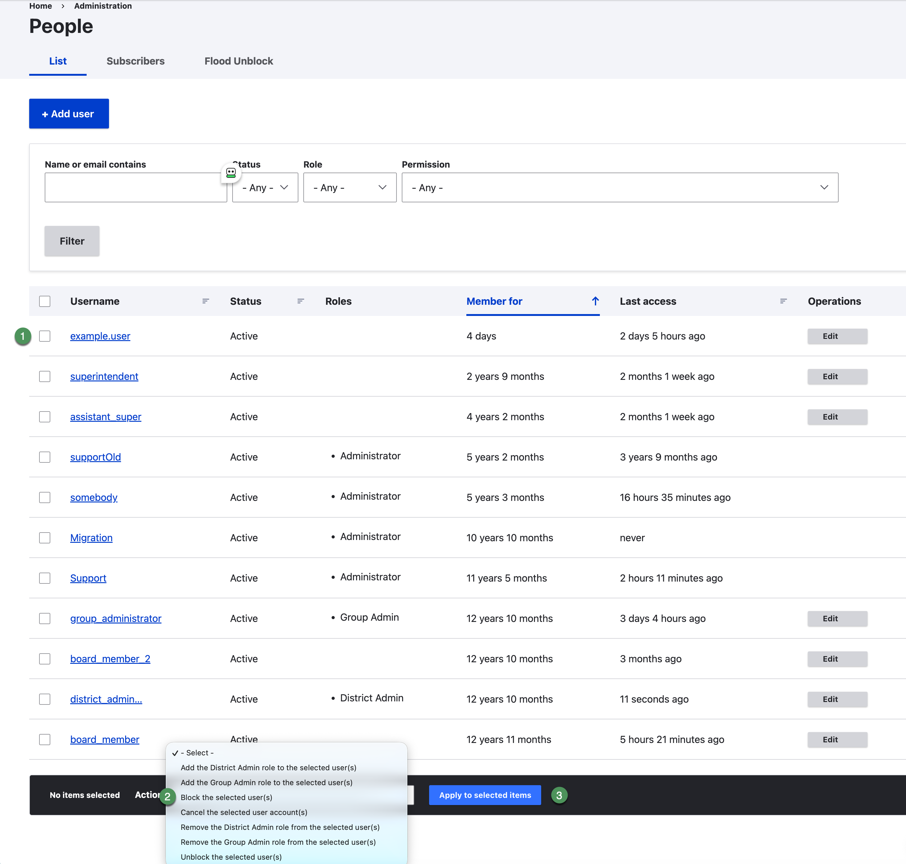 People page showing account selection and Block the selected users in the bulk-action list.