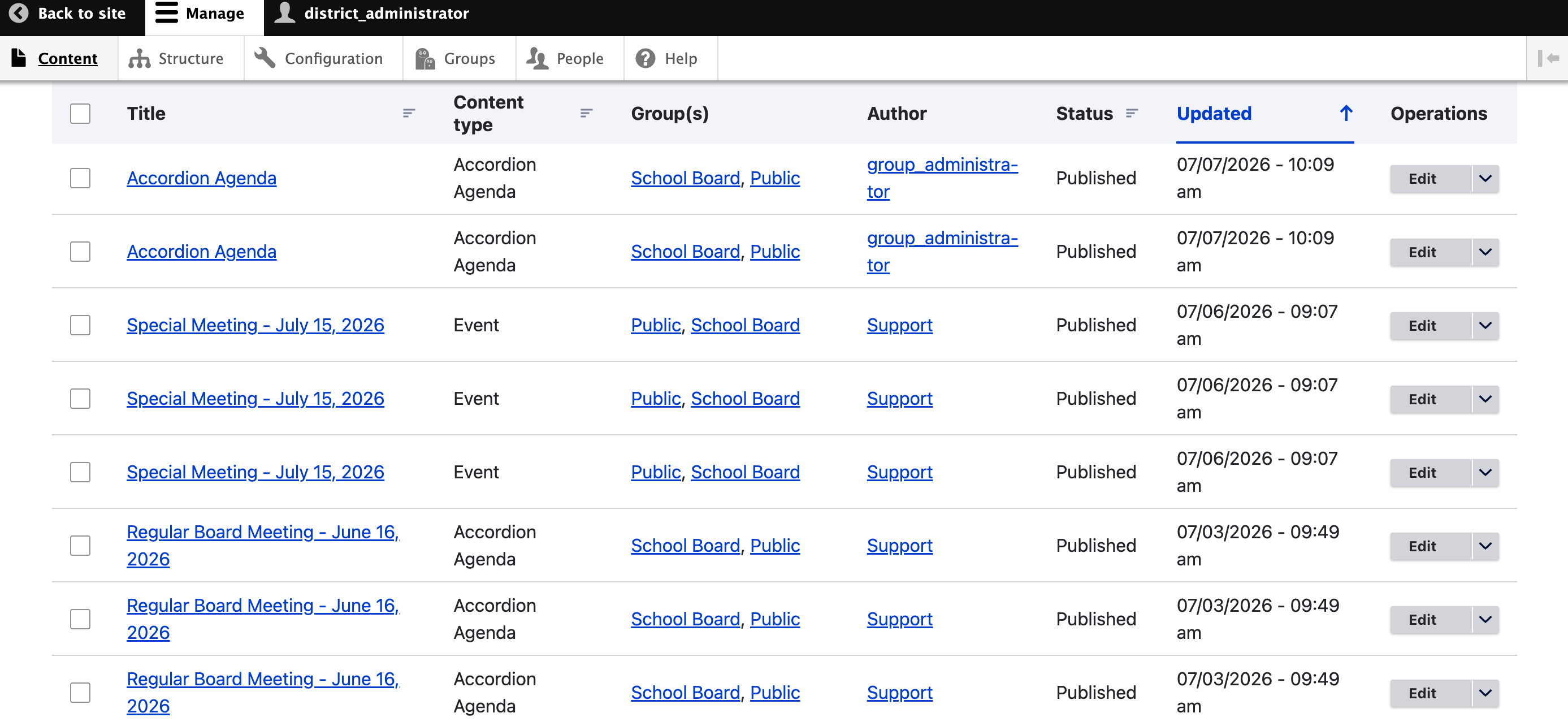 Site-wide Content list showing search, filters, Group, status, author, and Updated information.