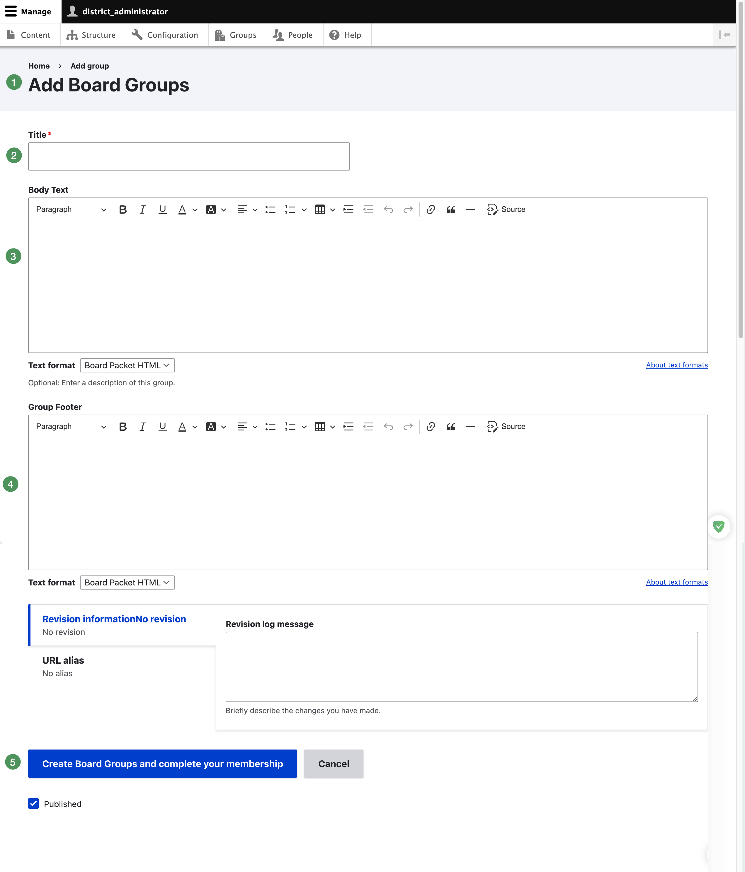 Add Group form for the group home-page information.