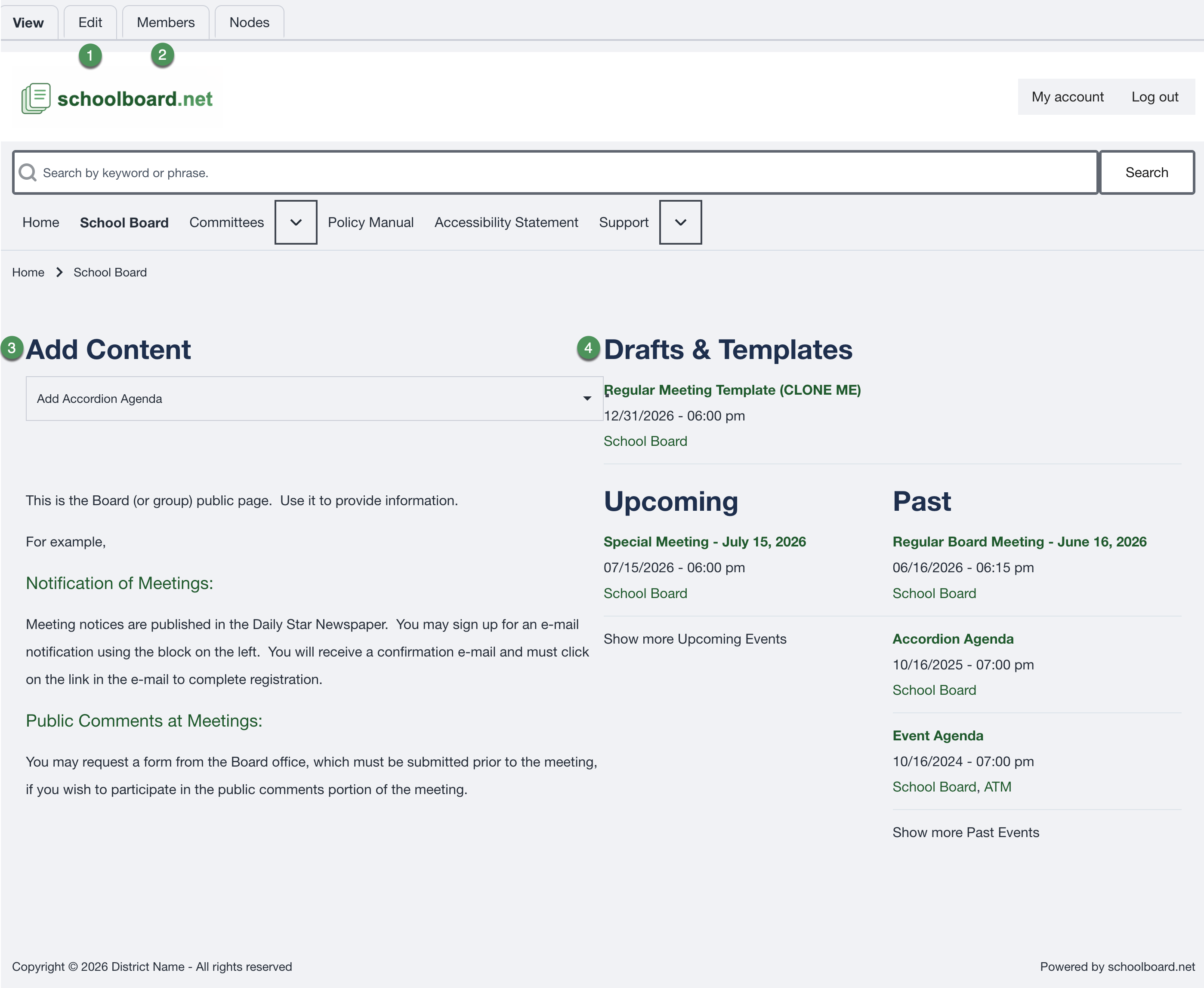 Annotated group home page showing Edit, Members, Add Content, and Drafts & Templates