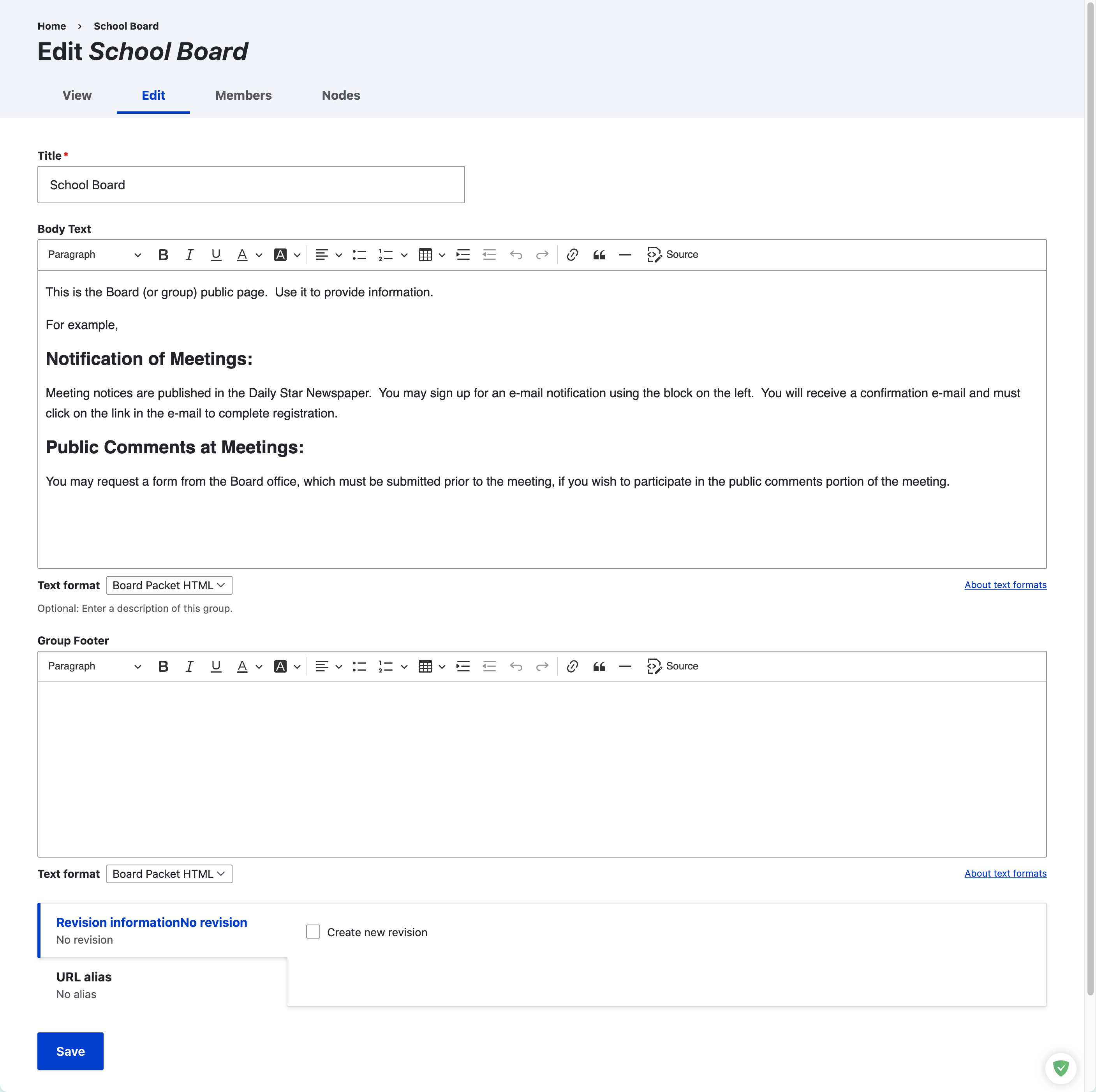 Edit group page form