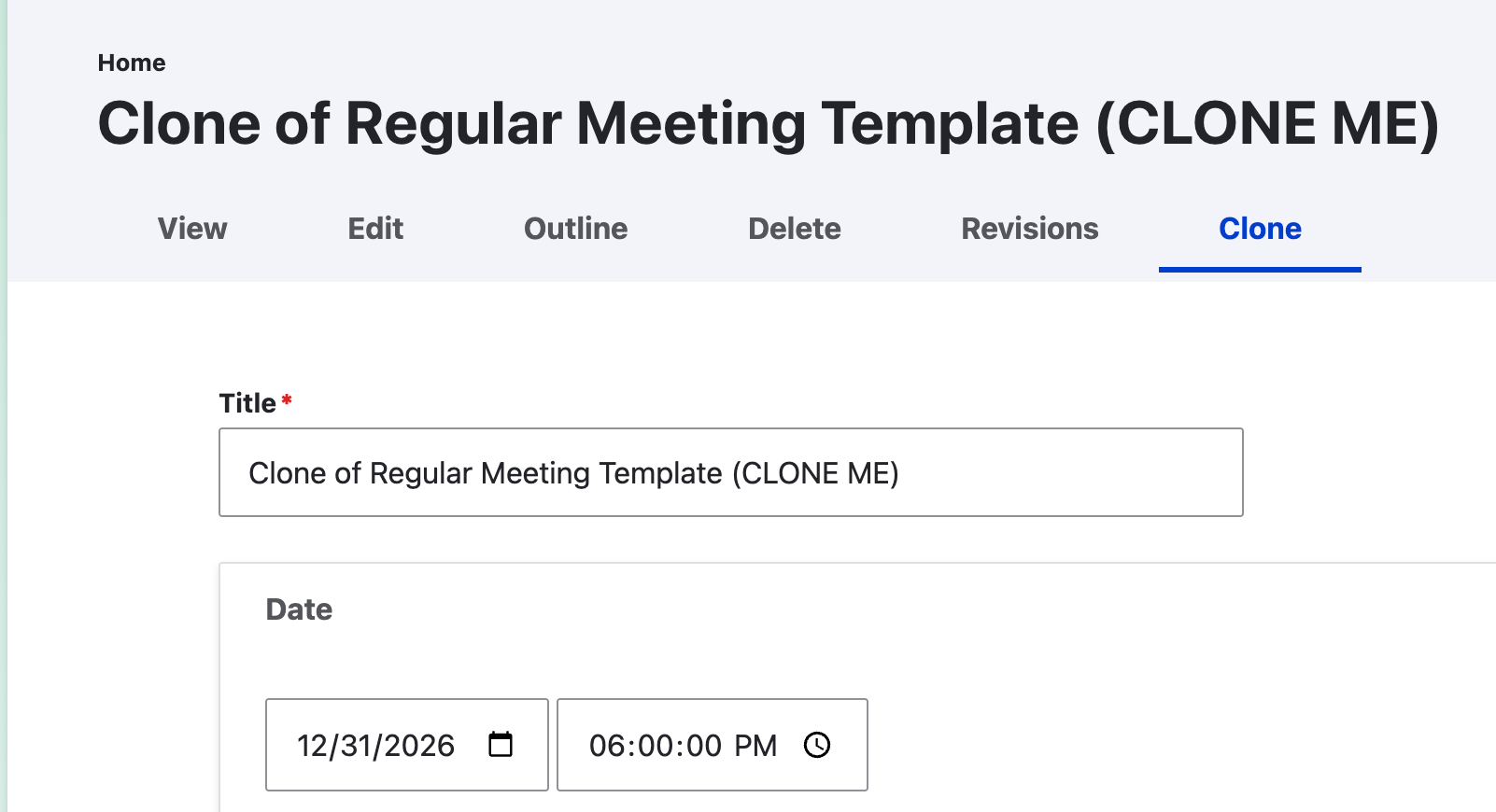 Cloned agenda with Clone of title and Group selection.