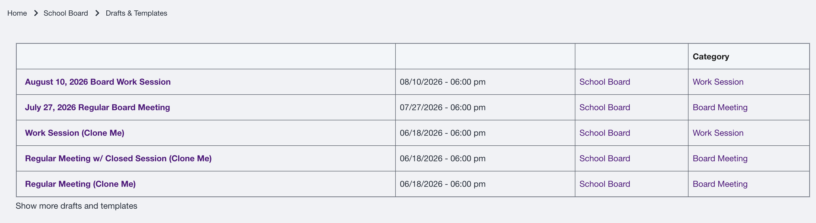 Drafts and Templates list showing current drafts, reusable templates, and Show More.