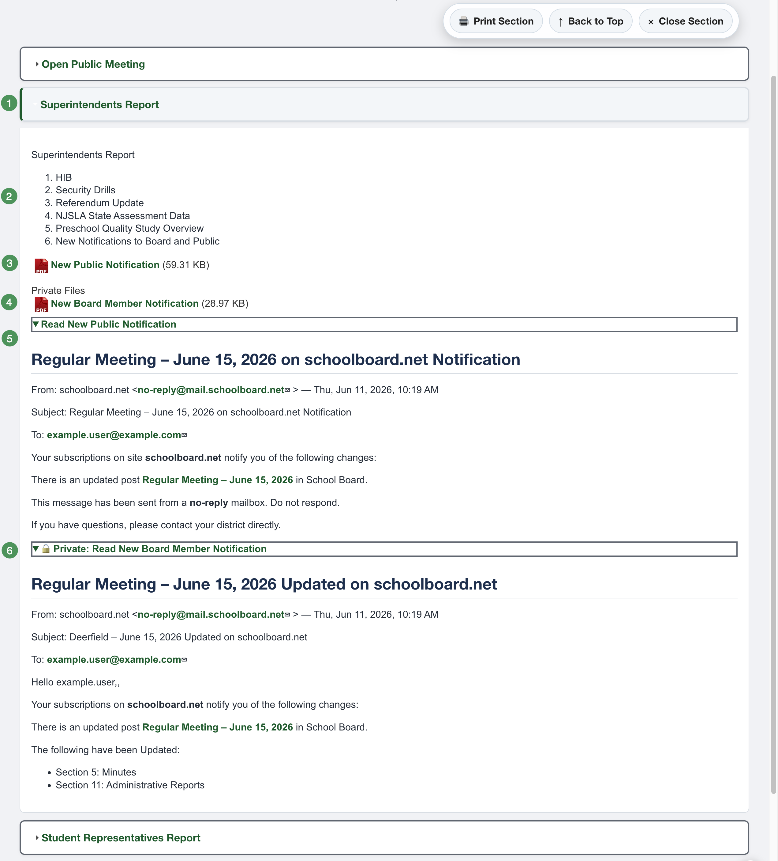 Expanded agenda section identifying the section heading, agenda item, public and private files, and public and private expandable HTML.