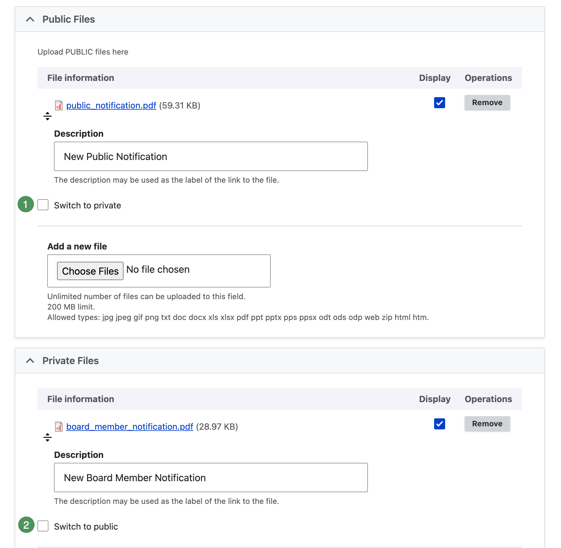 Checkboxes used to move an existing attachment between public and private areas.