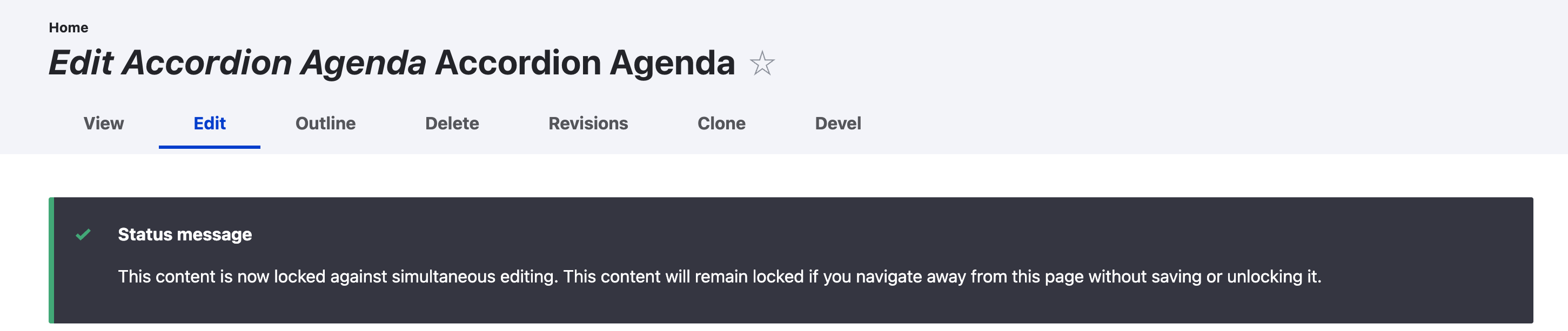 Status message confirming that the agenda is locked against simultaneous editing and remains locked if the editor leaves without saving or unlocking.