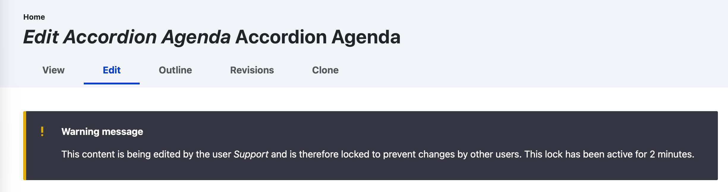 Warning explaining that another user is editing the agenda and showing how long the lock has been active.