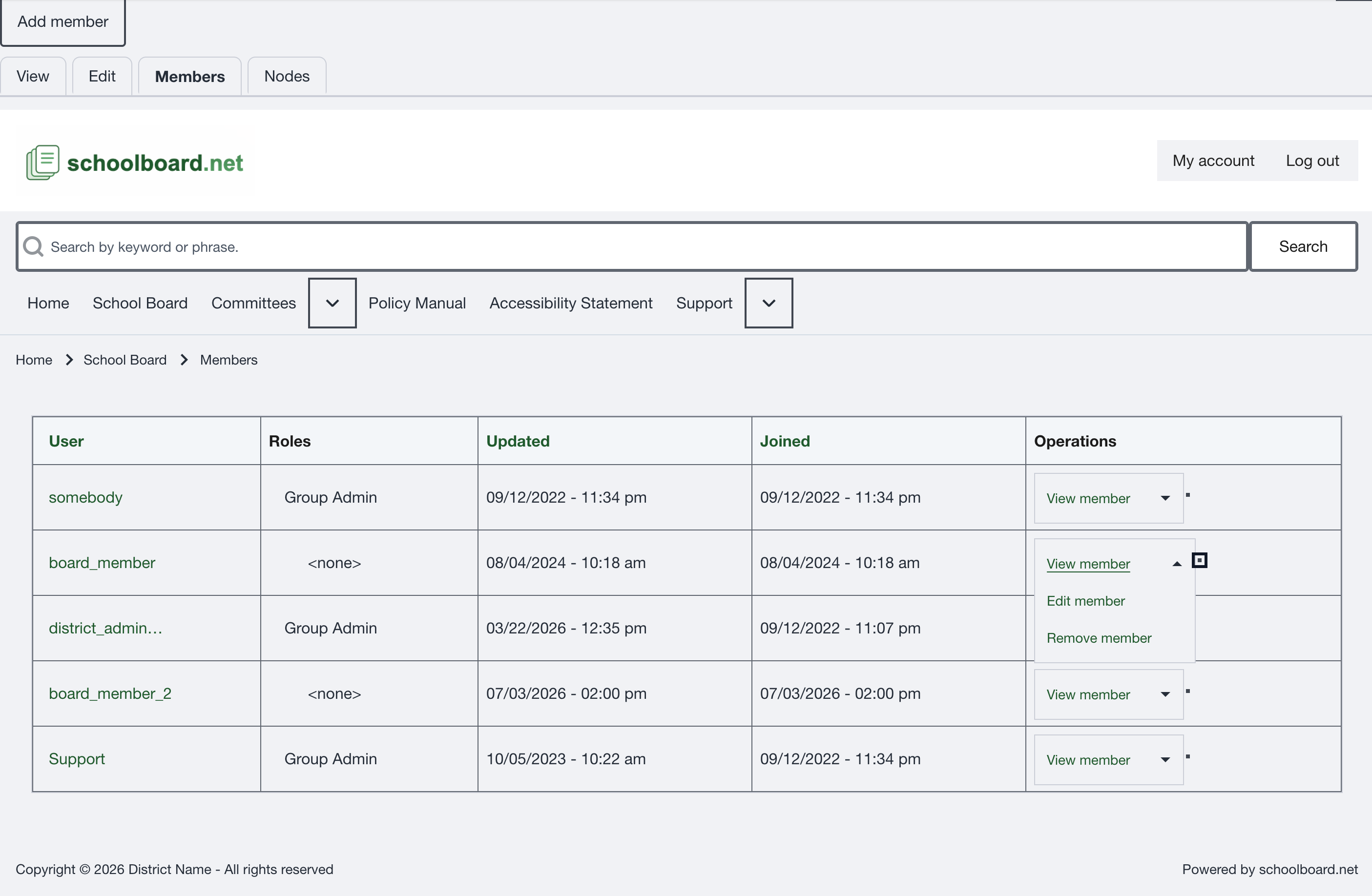 Group Members list with the Operations menu showing View member, Edit member, and Remove member.