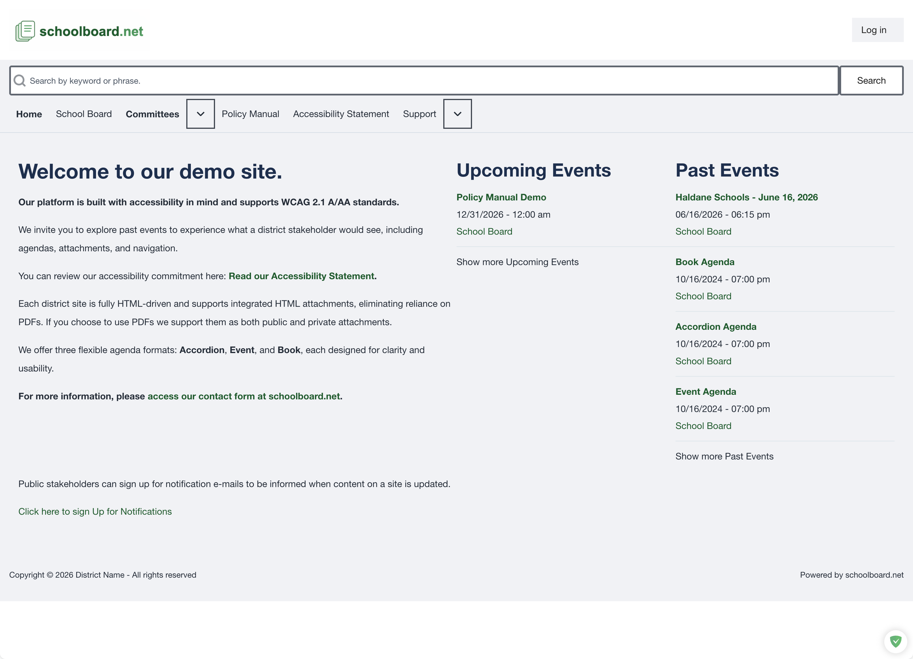 District home page showing site search, navigation, upcoming and past events, and notification signup.