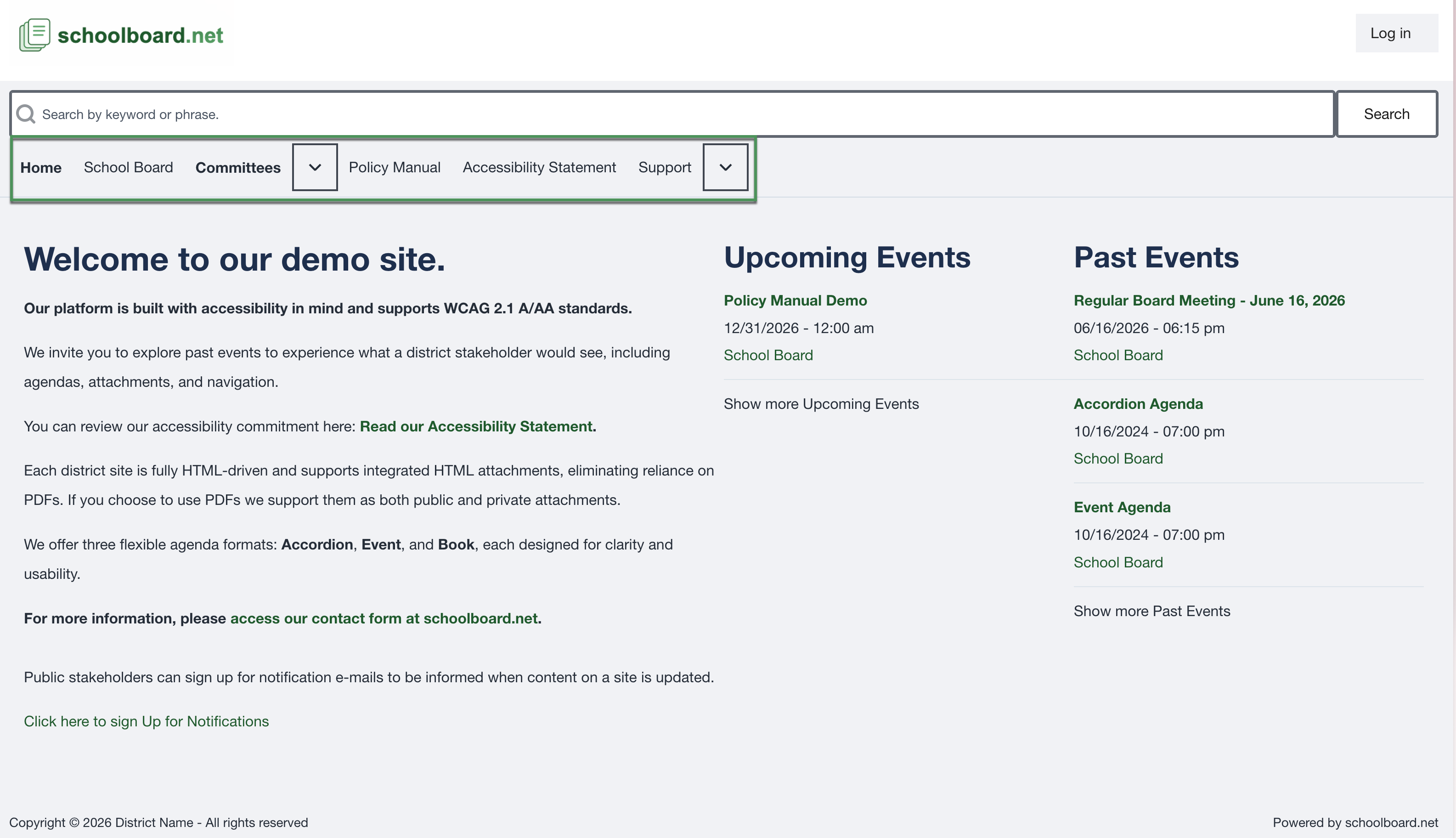 Public navigation with Home, School Board, Committees, Policy Manual, Accessibility Statement, and Support.