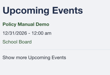 Upcoming Events list with a meeting and Show more Upcoming Events control.