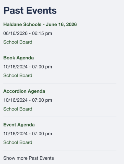 Past Events list showing meeting titles, dates, groups, and Show more Past Events.