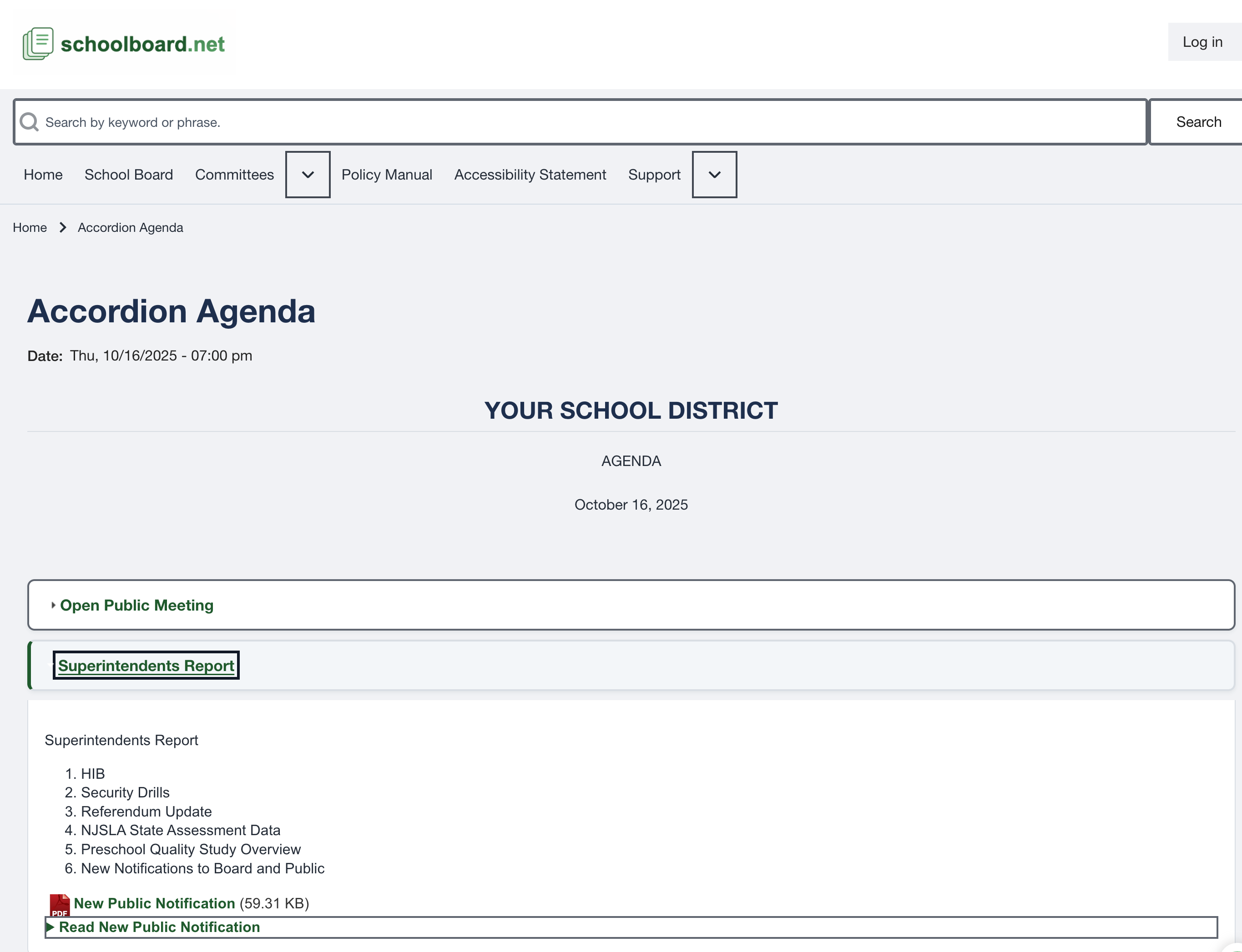 Accordion Agenda showing meeting context, an expanded public section, a public PDF link, and a Read heading for expandable HTML.