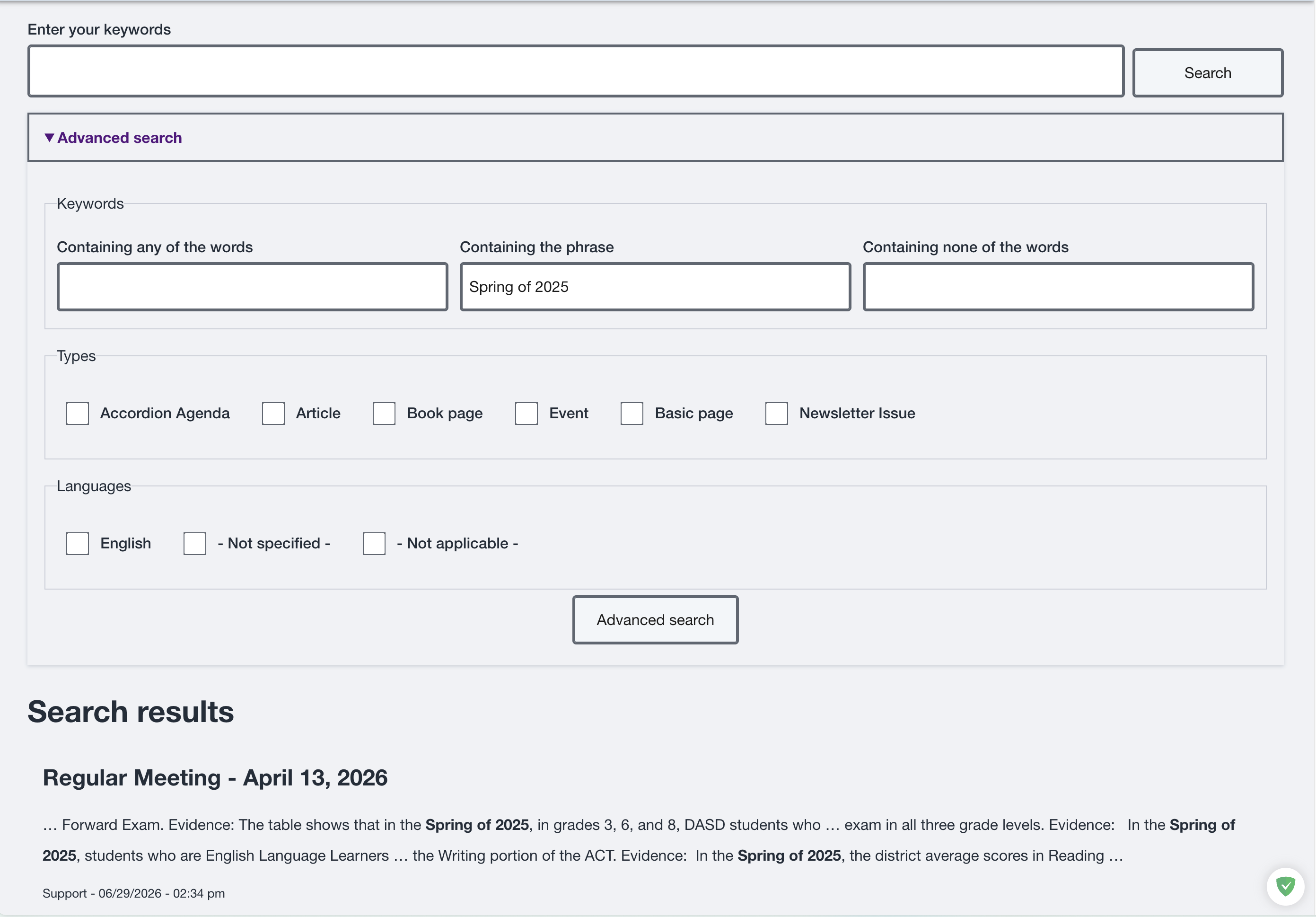 Public search results with Advanced search filters and a matching meeting result.