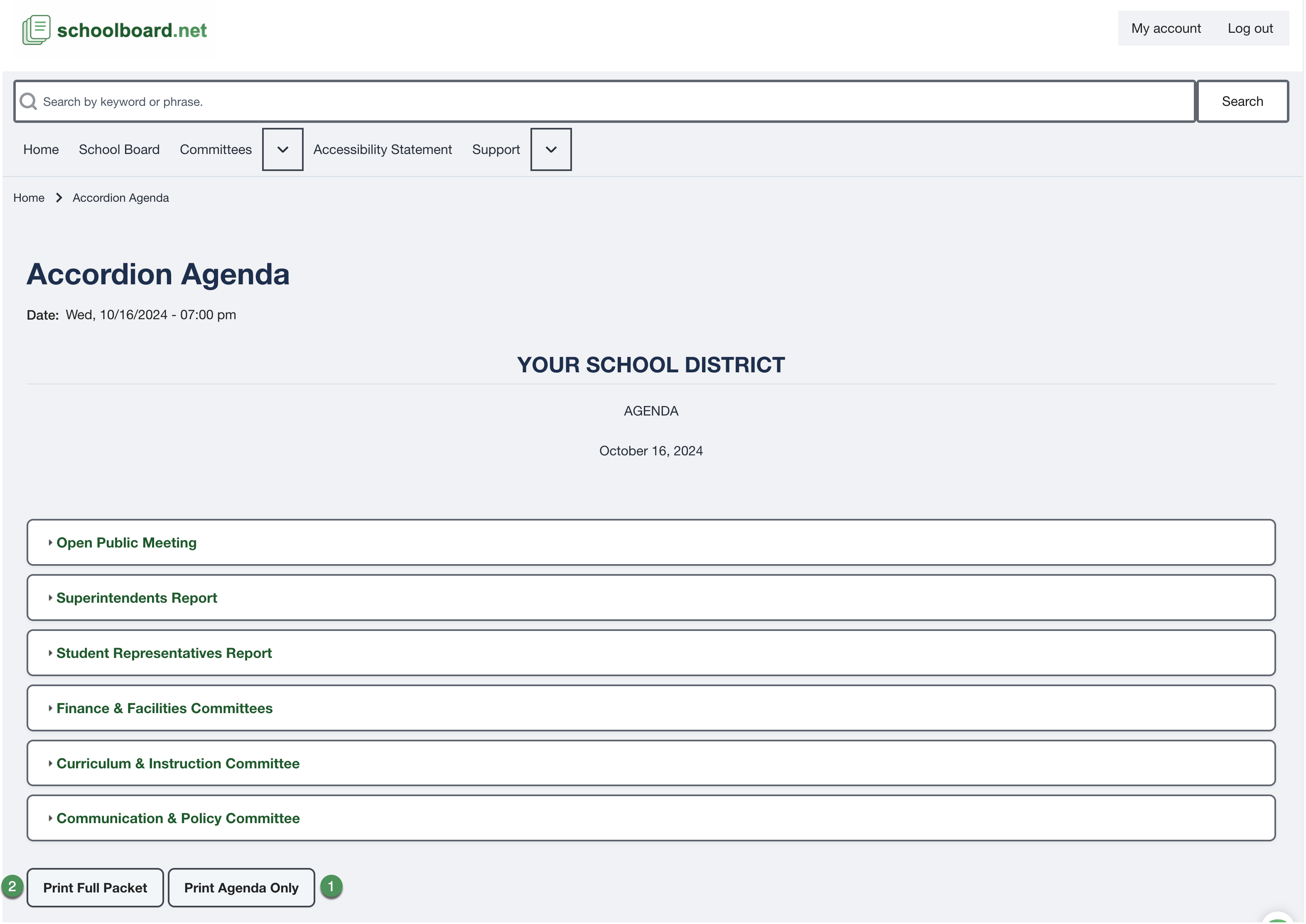 Accordion Agenda with Print Full Packet and Print Agenda Only controls.