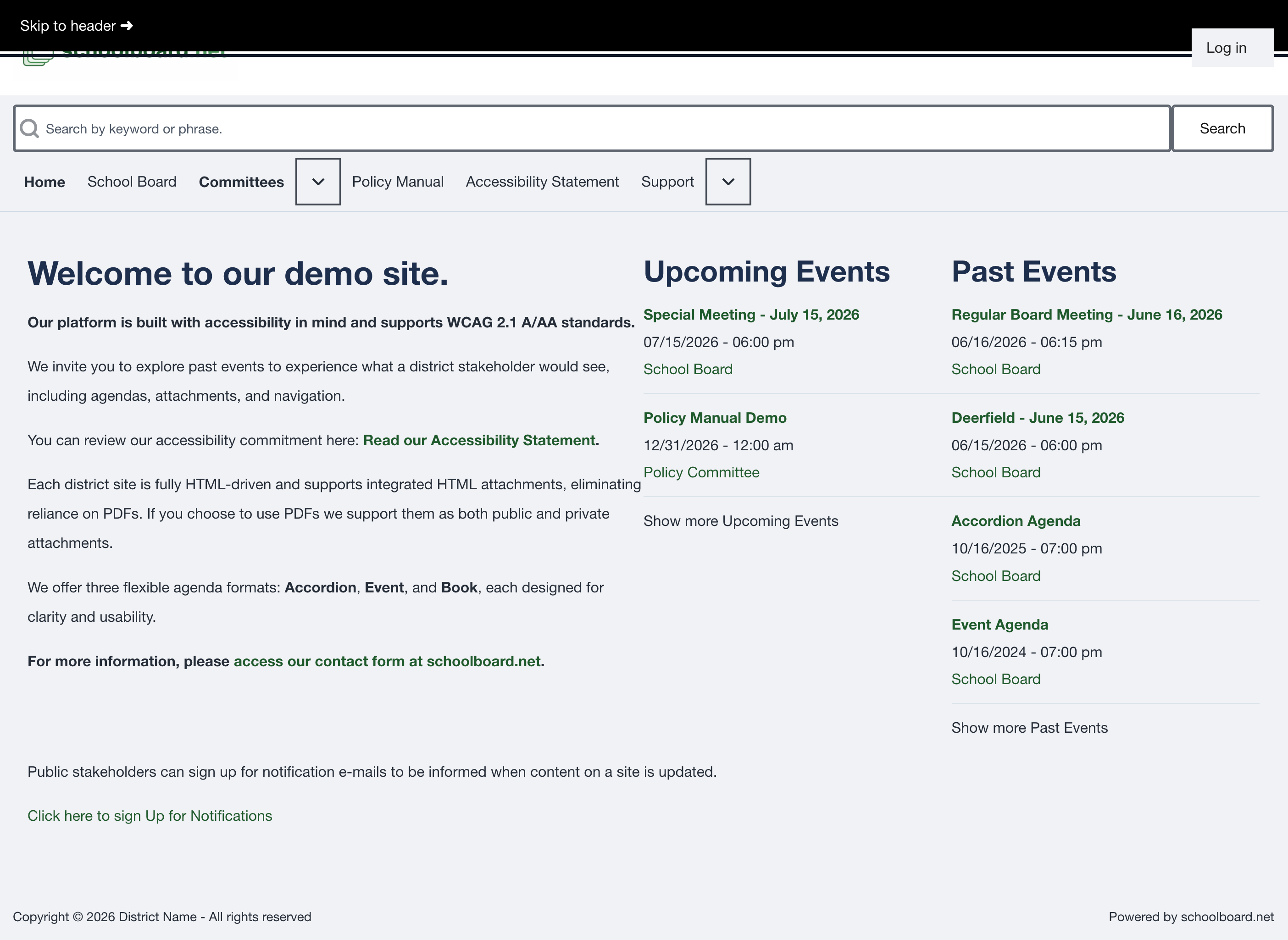 Public home page displaying a visible Skip to header link during keyboard navigation.
